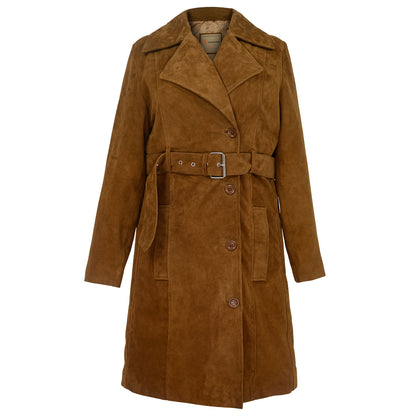 Women's Caramel Brown Suede Trench Coat-0