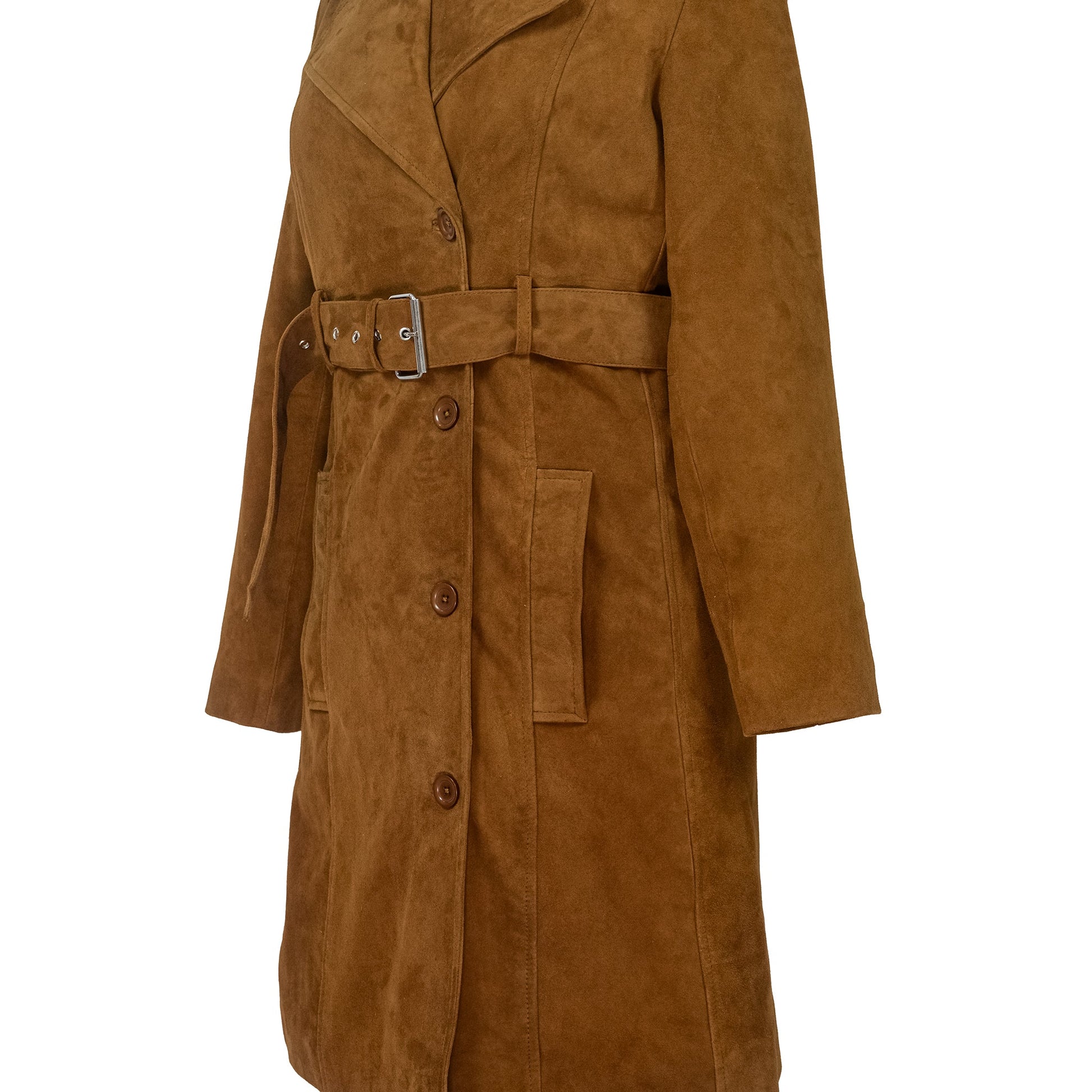 Women's Caramel Brown Suede Trench Coat-2