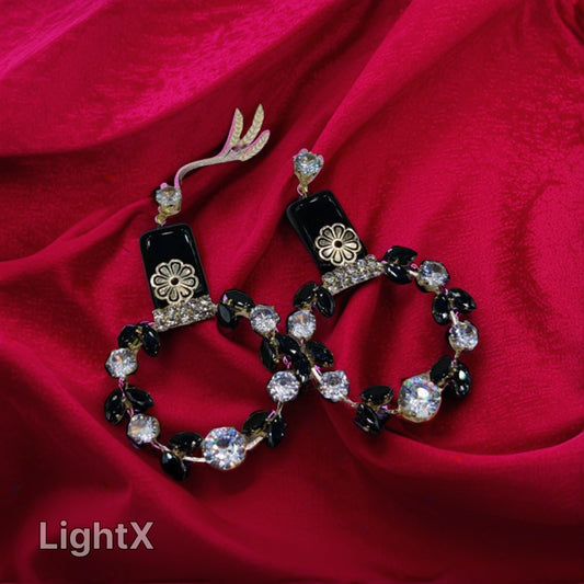 Imported Elegant Floral Hoop Earrings With Black And Crystal Accents